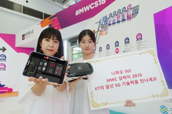 KT는 26일부터 29일(현지시간)까지 사흘간 중국 상하이에서 열리는 아시아 최대 이동통신 박람회 '모바일 월드 콩그레스 상하이 2018(이하 MWC 상하이 2018)'에 국내 통신사 중 유일하게 참가한다고 밝혔다. KT의 모델들이 상하이에서 MWC 상하이 2018에 참가하는 KT 부스를 홍보하고 있다. (사진=KT)