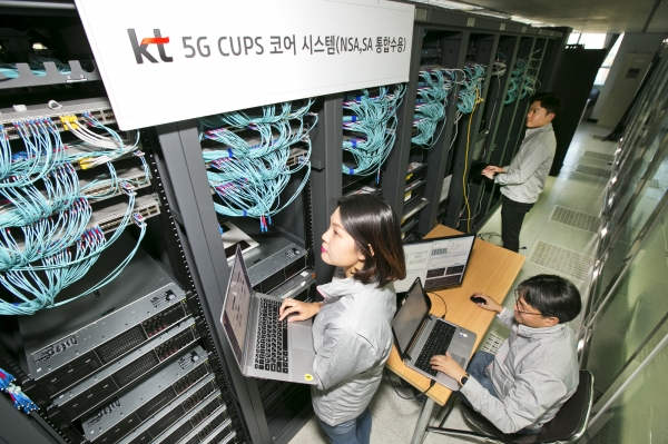KT는 CUPS(Control & User Plane Separation) 기술을 적용한 5G NSA 코어 장비를 개발하여 상용망 구축을 완료했다고 14일 밝혔다. 사진은 KT 직원들이 CUPS 기술이 적용된 5G 코어장비를 구축 완료하고 시험하는 모습. (사진=KT)