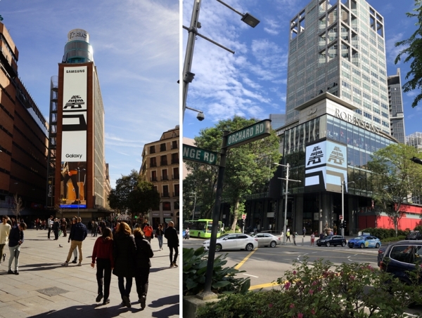 삼성전자가 '갤럭시 언팩 2019'을 앞두고 전 세계 주요 랜드마크에서 한글 옥외광고를 진행한다고 13일 밝혔다. 사진은 스페인 마드리드 까야오 광장(왼쪽)과 싱가포르 히렌. (사진=삼성전자)