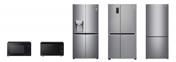 (왼쪽부터) 전자레인지, 슬림 광파오븐, 프렌치도어 냉장고, 양문형 냉장고, 상냉장ㆍ하냉동 냉장고.(사진=LG전자)
