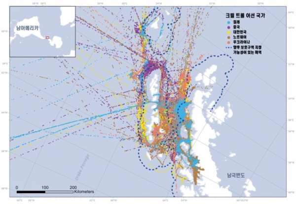 남극해 제한된 보호구역 내에서 어업 중인 어선들의 흔적. (사진=그린피스/한국극지연구진흥회 블로그)