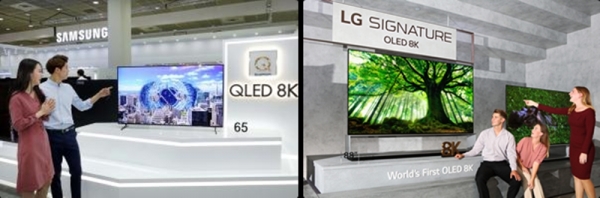 삼성전자의 QLED 8K TV(왼쪽)와 LG전자의 '리얼 8K' 올레드 TV.(사진=각 사)