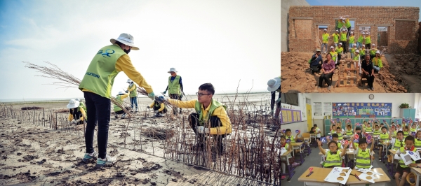 (왼쪽) 올해 8월 하기노르 지역에서 실시된 내몽고 사막화 방지사업 ‘현대그린존 프로젝트’에서 봉사단이 사막화 방지 활동을 하는 모습. (사진= 현대차그룹)