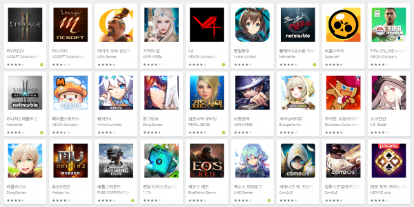 31일 구글플레이 게임 최고 매출 순위. 중국향 게임들이 눈에 많이 띈다. (사진=구글플레이 캡쳐)