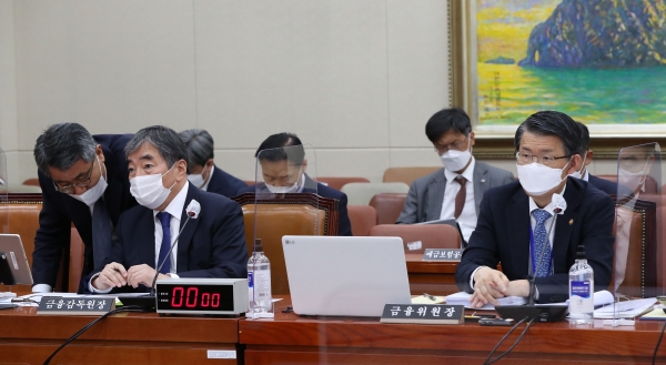 국정감사에 참석한 윤석헌(왼쪽) 금융감독원장과 은성수 금융위원장. (사진=연합뉴스)
