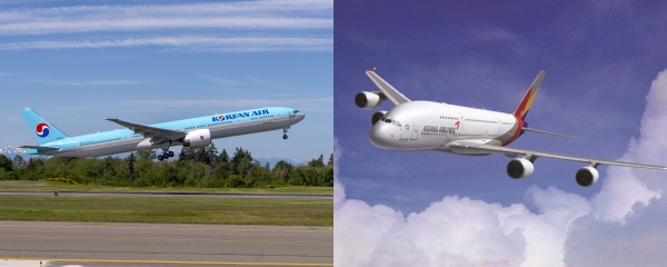 (왼쪽부터) 대한항공과 아시아나항공 여객기. (사진=각 사)