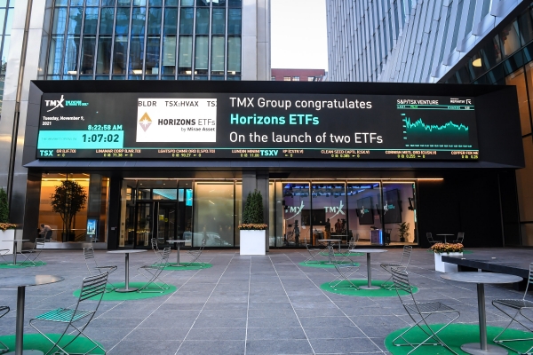 캐나다 토론토 증권거래소 전광판에 표시된 Horizons ETFs 신규 상장 축하 메시지(사진=미래에셋자산운용)