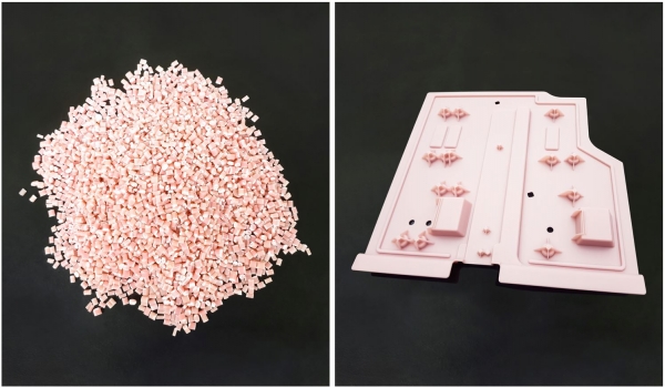 금호석유화학이 개발한 재활용 플라스틱(PCR PS)과 이 소재로 개발한 냉장고 부품. (사진=금호석유화학)