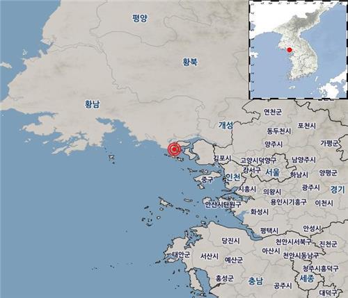 9일 오전 1시 28분께 규모 3.7 지진이 발생한 인천 강화군 서쪽 25㎞ 해역. (자료=기상청)
