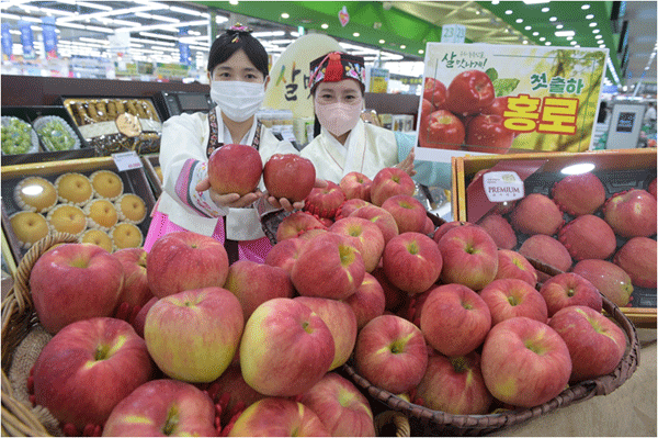 14일 서울 서초구 농협 하나로마트 양재점에서 모델들이 올해 첫 출하된 사과 품종 홍로를 보여주고 있다. (사진=농협유통) 