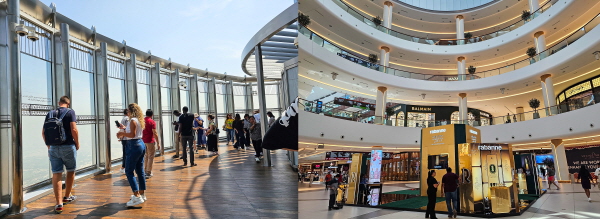 (왼쪽) 부르즈 할리파 전망대에서 사람들이 전망을 구경하고 있다. (오른쪽) 건물은 두바이 몰 쇼핑센터와 연결돼 관광객들에게 다양한 즐길거리를 제공하고 있다. (사진=박소다 기자)