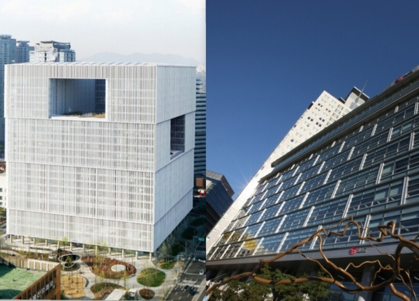 아모레퍼시픽 본사(왼쪽)와 LG 광화문 빌딩 (사진=각 사)<br>