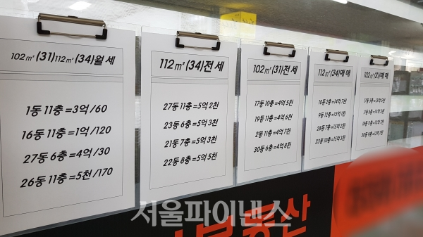 서울 강남구 대치동에 위치한 공인중개업소에 매물 가격표가 붙어 있다. (사진=이진희 기자)