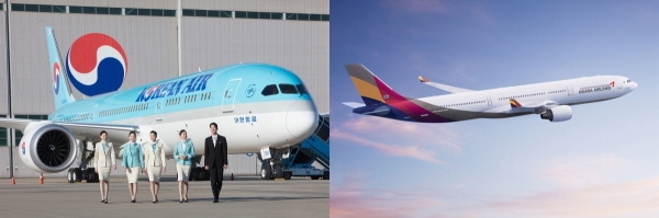 한신평은 지난 10일 대한항공과 아시아나항공의 항공운임채권 ABS 신용등급을 하향조정했다고 13일 밝혔다. (사진=각 사)