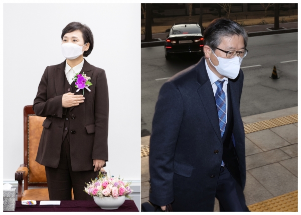 퇴임식 하는 김현미 장관과 출근하는 변창흠 장관의 모습. (사진=연합뉴스)