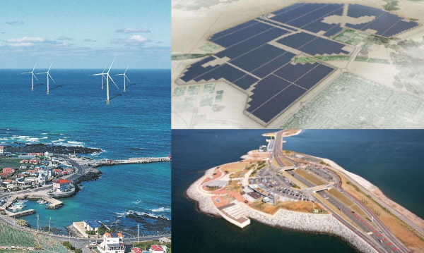 (왼쪽)현대건설의 제주 한림 해상풍력발전사업, (오른쪽 위부터)삼성물산의 카타르 태양광 발전 프로젝트 예상 조감도와 대우건설의 시화조력발전소. (사진=현대건설, 삼성물산, 대우건설)